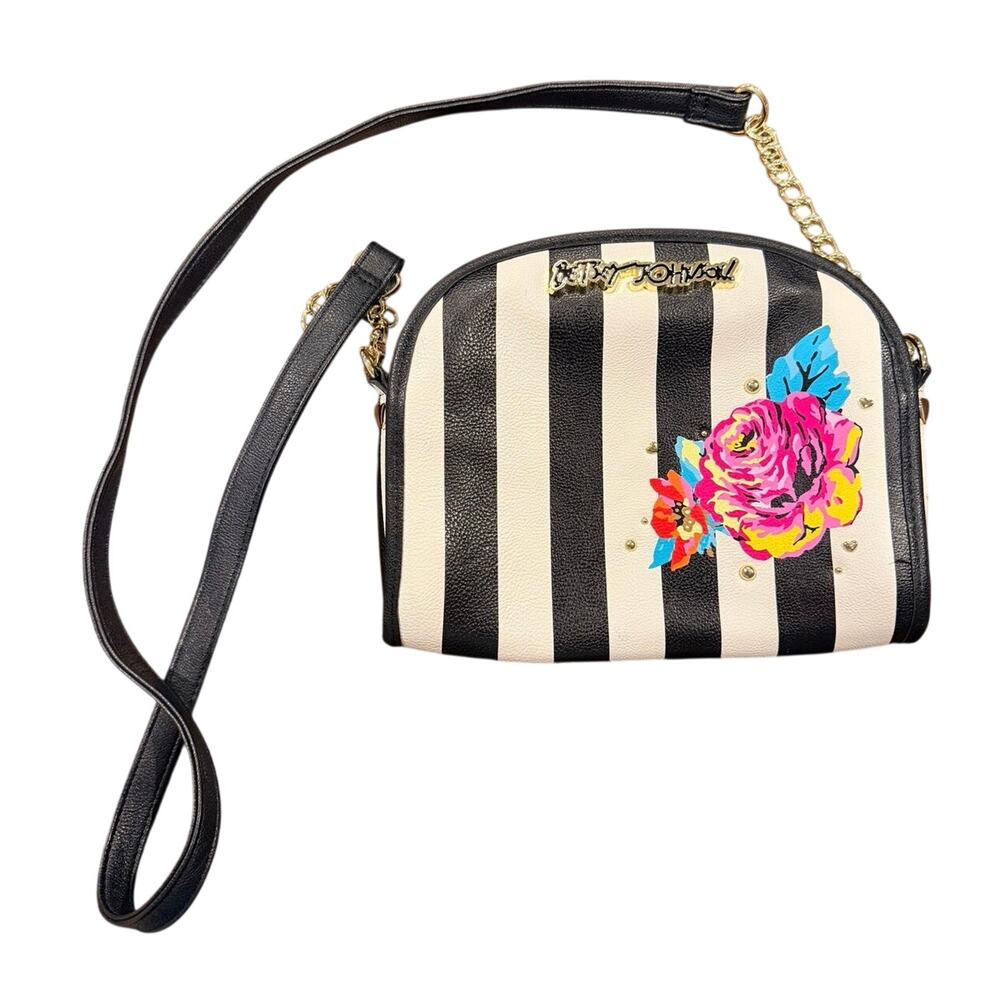 Betsey Johnson Black and White Striped, Floral Accent Handbag